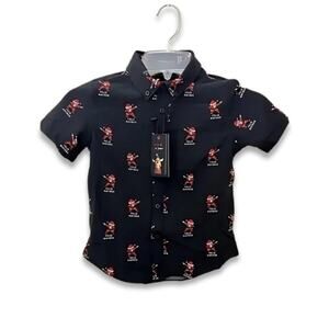 Denim & Flowers Button Down Shirt Dab Santa Print Short Sleeves Black 5/6 NWT
